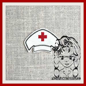 May include: A black and white illustration of a nurse wearing a white nurse's cap with a red cross on it. The nurse is wearing glasses and has her hair pulled back. The background is a burlap texture.