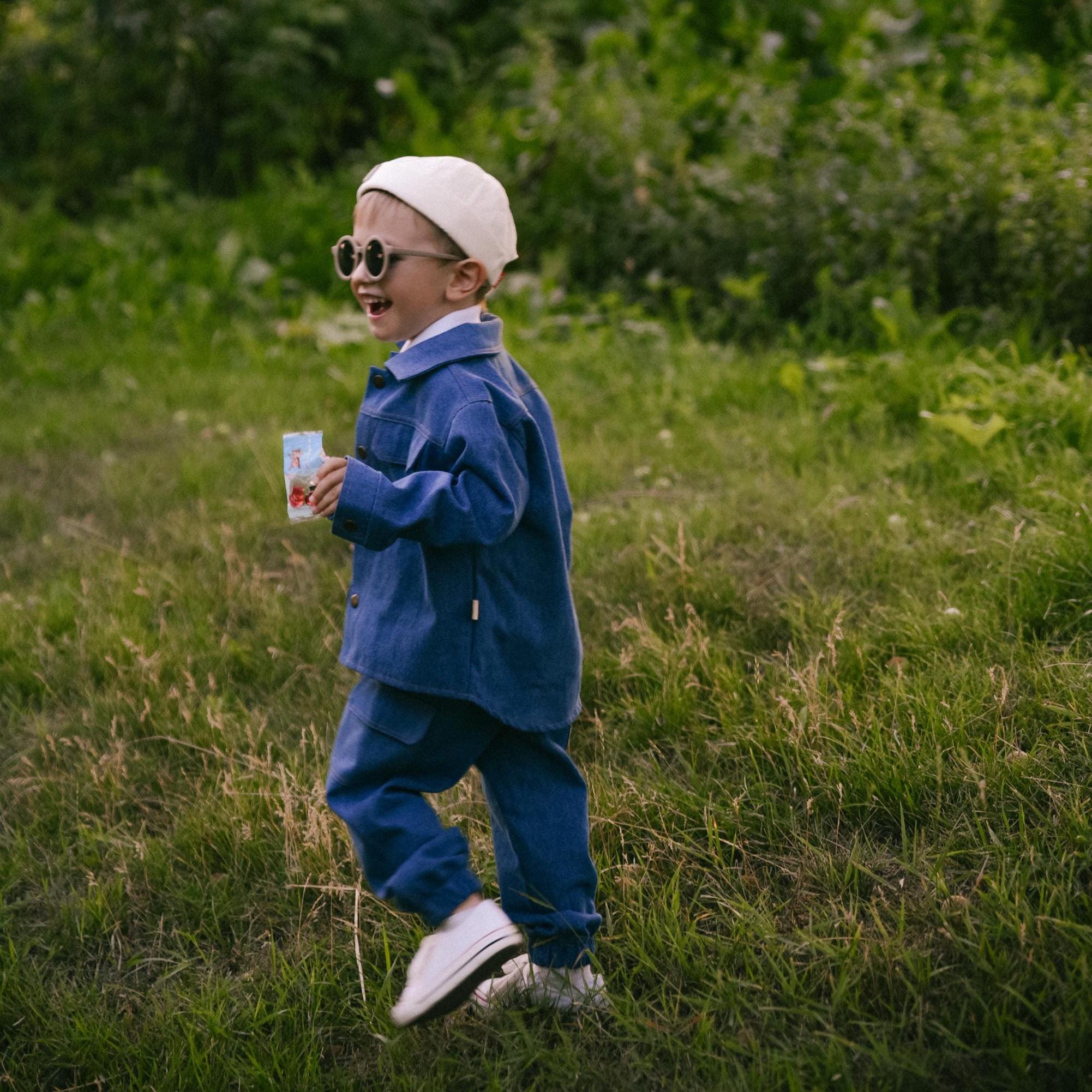 Boys Blue Stripes Oversized Shirt With Denim Pants Set main image 0