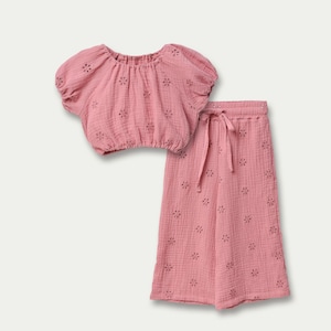 Muslin Girls&#39; Outfit – 3-Piece Set with Top, Skirt & Pants, Lightweight Summer Clothing, Flower Girl Look, Perfect Summer Girls Kids Outfit