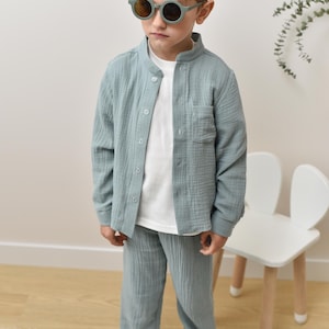 Kids Shirt and Pants Set, Kid&#39;s Muslin Outfit, Lightweight Summer Set, Organic Cotton Toddler Clothes, Soft Boy Outfit, Breathable Set