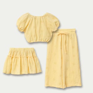 Muslin Girls&#39; Set of 3, Summer Girls Outfit, Set with Top, Skirt & Pants, Natural Summer Clothing, Organic Toddler Girl Clothes Set