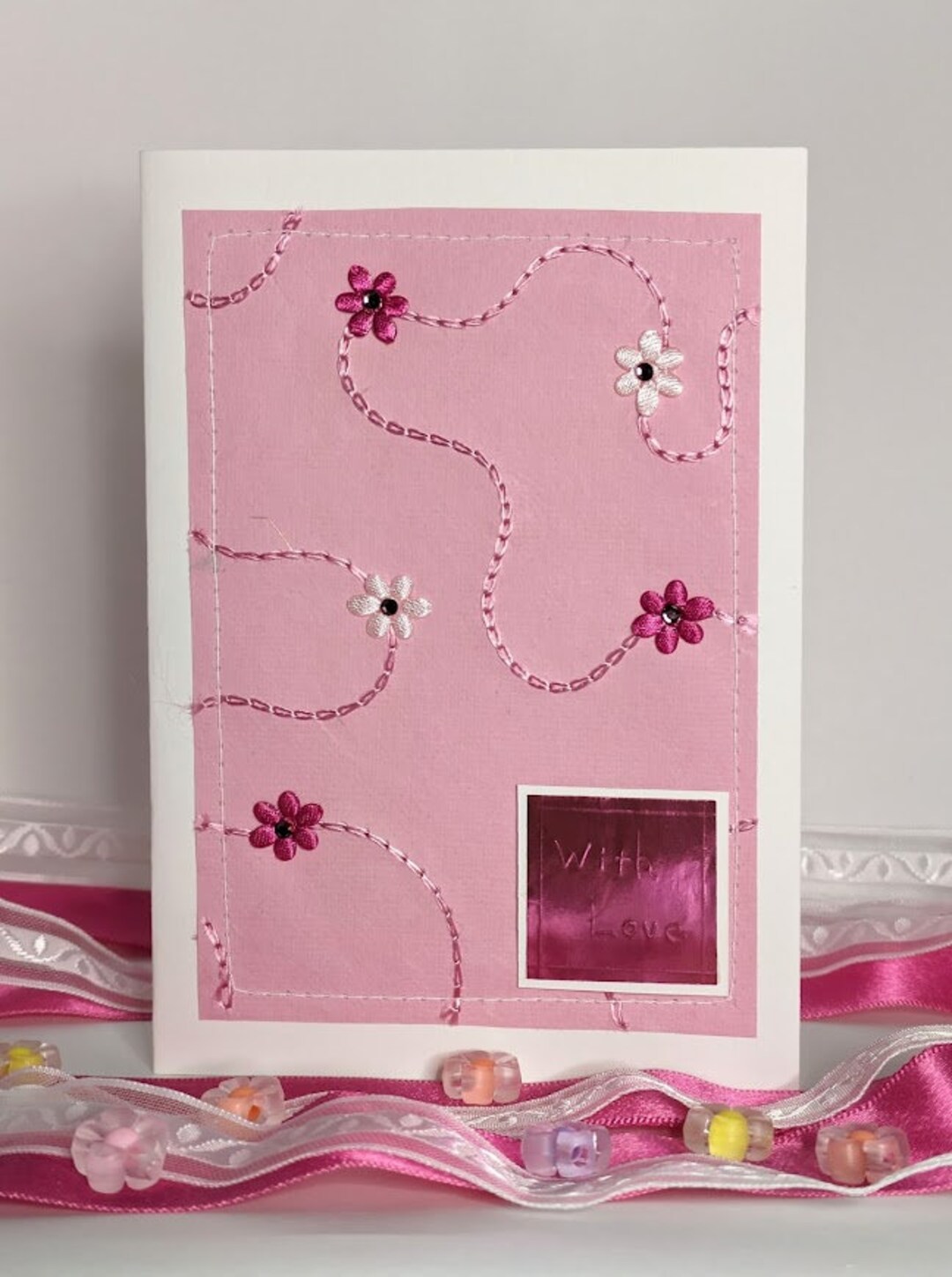 Pink and White Flower Foil Greeting Card / With Love Handmade Card ...