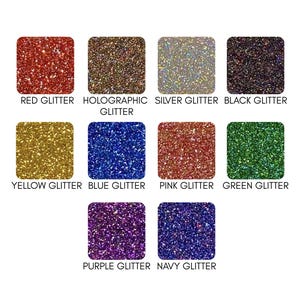 May include: A collection of glitter samples in various colors, including red, holographic, silver, black, yellow, blue, pink, green, purple, and navy. Each color is labeled with its name in white text.