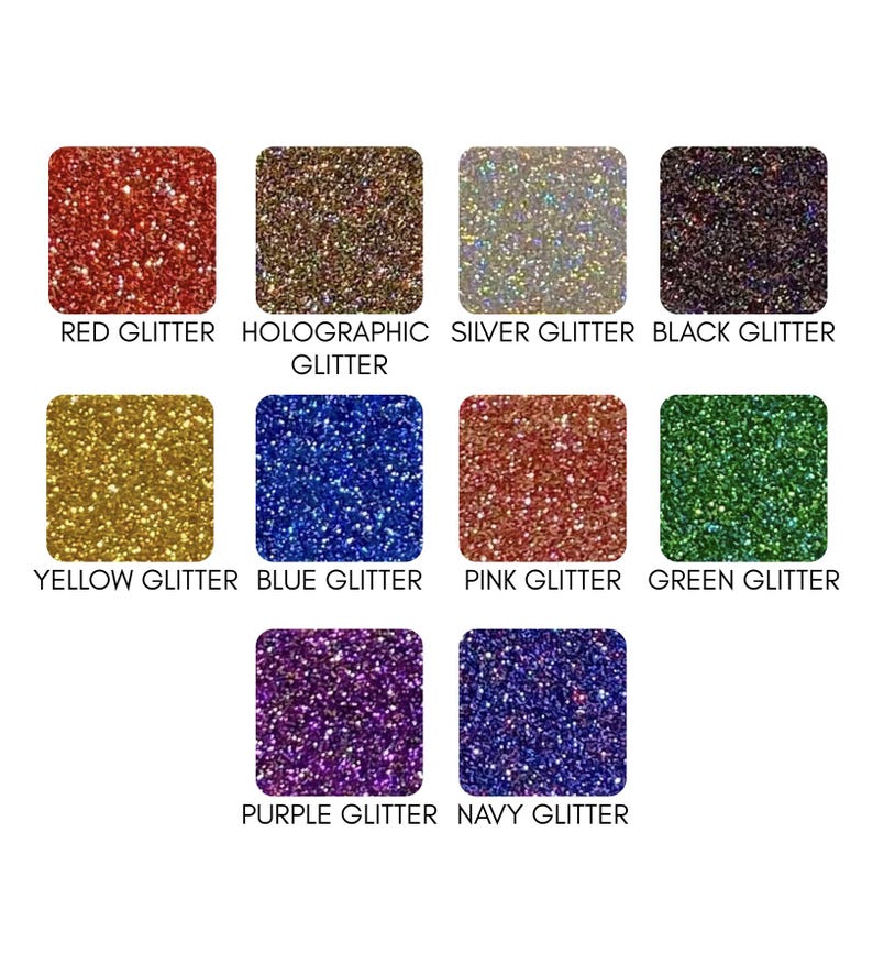 May include: A collection of glitter samples in various colors, including red, holographic, silver, black, yellow, blue, pink, green, purple, and navy. Each color is labeled with its name in white text.