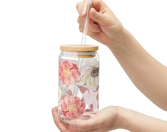 Retro Flower Glass cups with lid and straw, glass cups, glass tumbler, iced coffee cup, glass cup, smoothie cup, cute cup Sipper Glass, 16oz