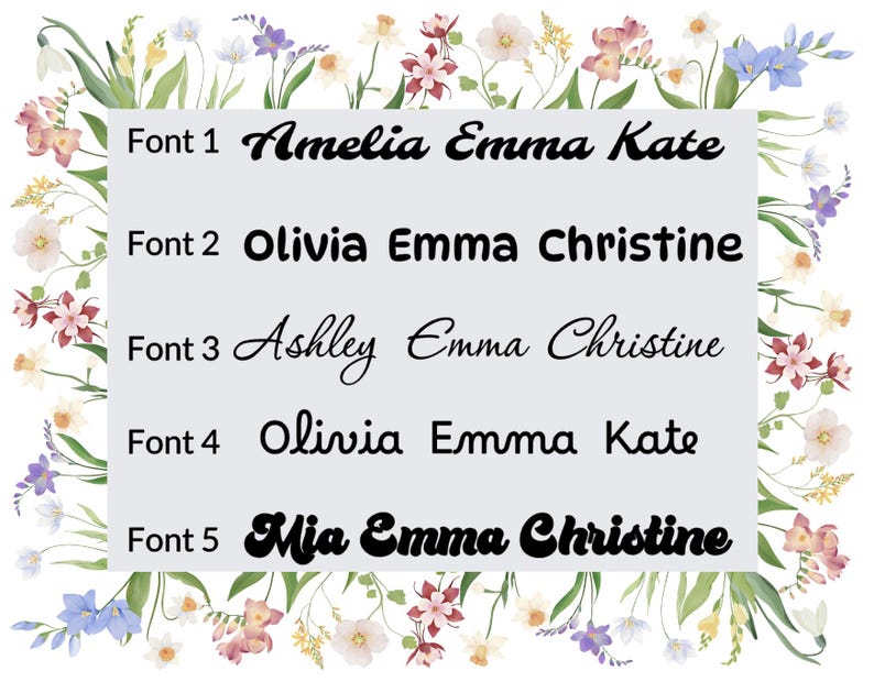 May include: A white rectangular graphic with five font samples, each displaying a name combination: Amelia Emma Kate, Olivia Emma Christine, Ashley Emma Christine, Olivia Emma Kate, and Mia Emma Christine. The graphic is surrounded by a floral border.
