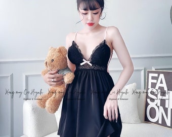 Black cute silky satin sleeping dress with pink bow