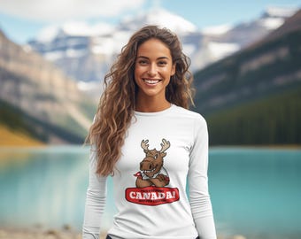 Canadian Moose Unisex Long Sleeve Tee, Perfect Gift for Canada Day, Christmas, Travel Lovers, Moose Enthusiasts, Comfortable Casual Wear