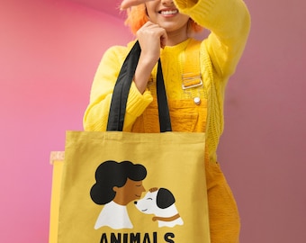 Animals Matter Tote Bag, Eco-Friendly Bag, Gift for Animal Lovers, Yellow Kissing Dog Design, Everyday Use, Pet Awareness