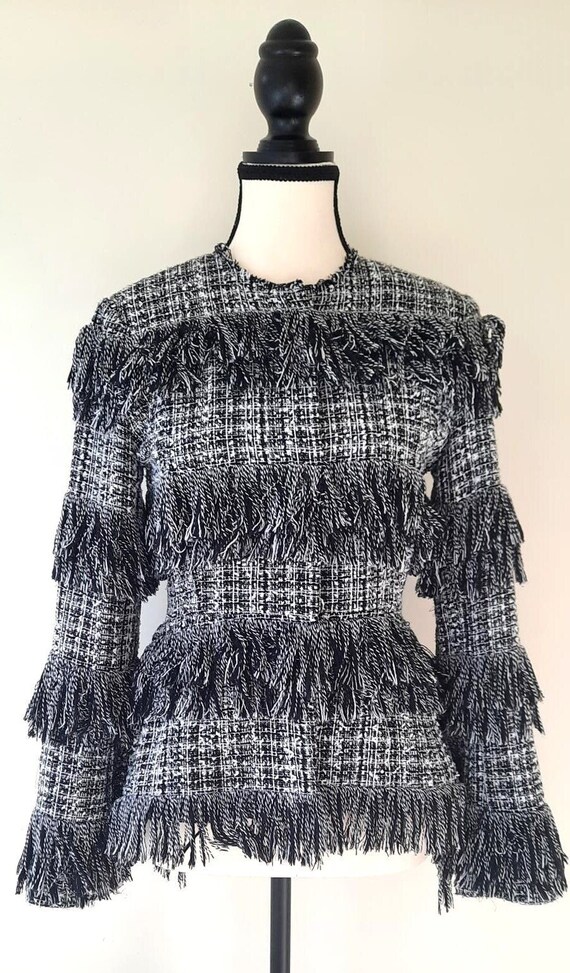 Sonia Rykiel Paris 1990s Black and White Fringe Jacket French Designer Boucle Tweed Cotton Wool Etsy