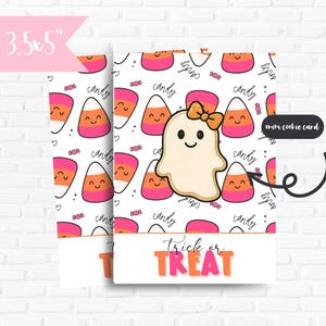 May include: A Halloween-themed mini cookie card, 3.5 x 5 inches, featuring a ghost-shaped cookie with a bow, candy corn, and the words "Trick or Treat." The background is white with candy and the word "candy" repeated.