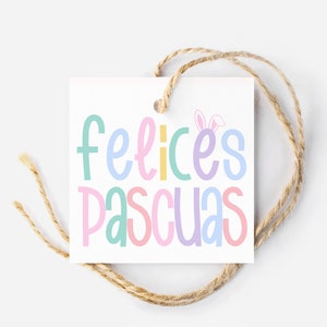 Etiqueta de regalo de galleta de Pascua española / Felices Pascuas / Etiqueta de galleta de Pascua de panadería cuadrada / ETIQUETA DE COOKIE de conejito de Pascua / Etiqueta de regalo floral feliz Pascua