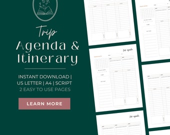 May include: Printable trip agenda and itinerary planner with a floral design. The planner includes sections for travel dates, to-do lists, and a daily itinerary. The text "Trip Agenda" is repeated on each page.