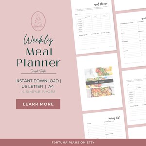Puede incluir: Un planificador de comidas semanal imprimible en estilo de letra manuscrita. El planificador incluye cuatro páginas: un planificador de comidas, una lista de la compra y dos páginas para la planificación de comidas. El planificador está disponible para descarga instantánea en tamaños US Letter y A4.