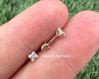 Princess Cut  Certified Moissanite Stud Earrings  Backing/ Princess Moissanite Studs/ 14k Solid Gold/ Secure Baby Back/ Perfect Gift