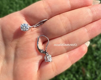 Round Cut Moissanite Drop Lever back Earrings / Moissanite Lever Back Studs / 14k Solid Gold Bridal Earrings / Perfect Gift