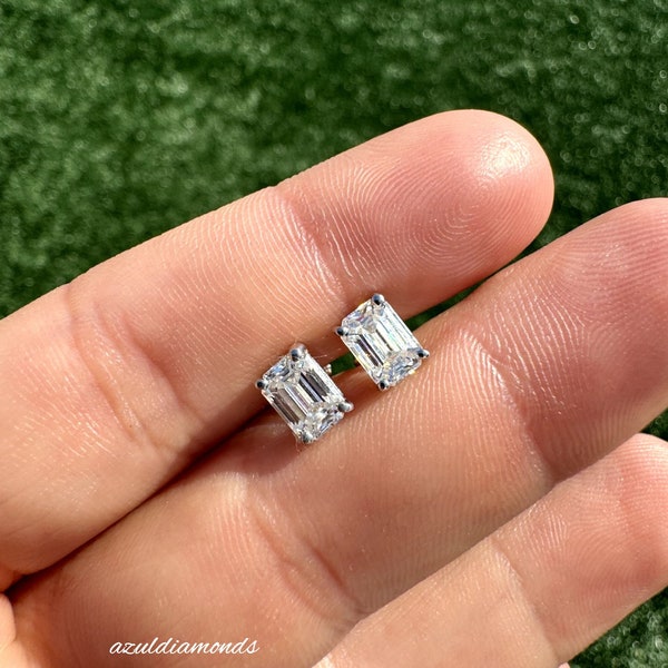 Emerald Cut Moissanite Stud Earrings GRA Certified/ Emerald Moissanite Studs/ 14k Solid Gold Earrings/ Perfect Gift Earrings