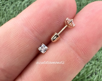 Princess Cut Stud Earrings Cubic Zirconia with  Backing/ Princess Moissanite Studs/ 14k Solid Gold/ Secure Baby Back/ Perfect Gift