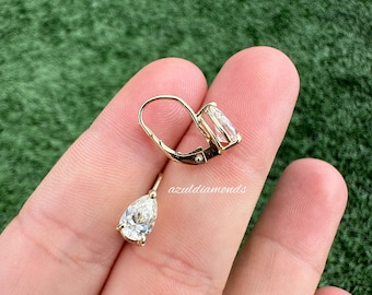 Pear Shape Moissanite Lever back Earrings • Pear Moissanite Lever Back Earrings • 14k Solid Gold Bridal Earrings • Perfect Gift