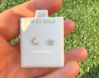 Tiny Moon and Star Diamond Studs Earrings • 14k Solid Gold Earrings Studs • Celestial Earrings • Mini Studs   Gift for Her • Perfect Gift