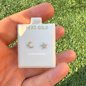 Tiny Moon and Star Diamond Studs Earrings • 14k Solid Gold Earrings Studs • Celestial Earrings • Mini Studs   Gift for Her • Perfect Gift