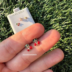Tiny Cherry Stud Earrings | Fruit Earrings | 14k Solid Gold Enamel Minimalist Cherry Earrings | Minimalist Baby Back Earrings |Perfect Gift