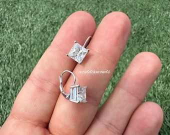 Princess Cut Moissanite Lever back Earrings / Moissanite Lever Back Earrings / 14k Solid Gold Bridal Earrings / Perfect Gift