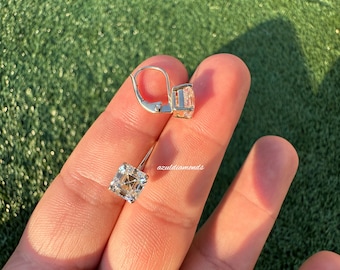Asscher Cut Moissanite Lever back Earrings • Asscher Moissanite Lever Back Hoop Dangle Earrings • 14k Solid Gold Bridal Earrings • Gift