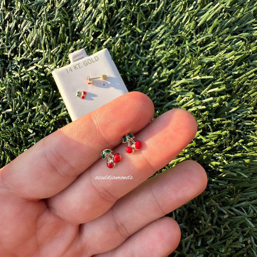 Tiny Cherry Stud Earrings | Fruit Earrings | 14k Solid Gold Enamel ...