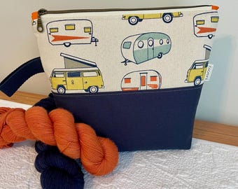 Stricken und häkeln Projekttasche Zipper Tote, Vintage Campers