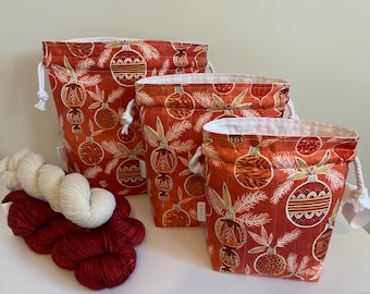 Drawstring Project Bag,  Quilted Bag, Christmas Holiday Vintage Retro Ornaments