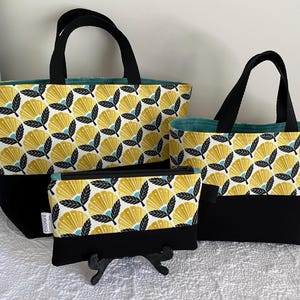 キャンバスバケットバッグ、トートバッグ、プロジェクトバッグ、和柄花柄、小、中、ペンシルポーチ