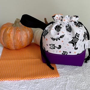 Halloween Knitting Project Bag: Small Drawstring, Bat & Kitty Skeletons