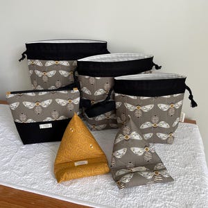 Golden Bees Knitting Project Bag: Quilted Cotton Drawstring Pouch, Choice of Sizing Available, Device Prop Phone Pillow