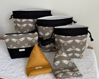 Golden Bees Knitting Project Bag: Quilted Cotton Drawstring Pouch, Choice of Sizing Available, Device Prop Phone Pillow