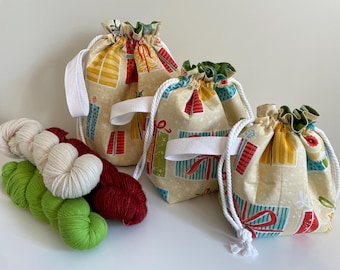 Drawstring Project Bag,  Quilted Bag, Christmas Holiday, Small, Medium, Large