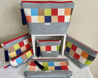 Strick- und Häkelprojekttasche, Patchwork-Reißverschlusstasche, Federmäppchen