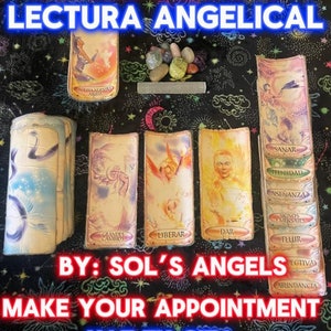 May include: A colorful set of angel reading cards with the text "ANGEL READING LECTURA ANGELICAL BY: SOL'S ANGELS MAKE YOUR APPOINTMENT HAZ TU CITA".