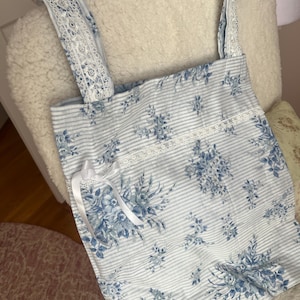 Handmade Blue Floral Lace Tote Bag