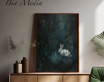 Printable White Bunny, Grassland Landscape, Moody Wall Art, Dark Academia, Easter Art, Antique Oil Painting, Digital Download