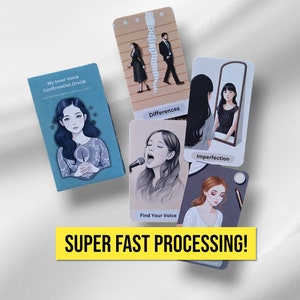 May include: A set of oracle cards with illustrations of women and text that includes "My Inner Voice Confirmation Oracle", "Differences", "Imperfection", and "Find Your Voice".