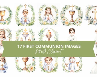 Elegante set di clipart per la prima comunione, 17 immagini PNG, illustrazioni di eventi religiosi, download digitale, perfetto per inviti e decorazioni