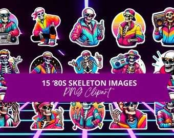 15 Radical '80s Skeleton PNG Images - Neon Retro Clipart Collection