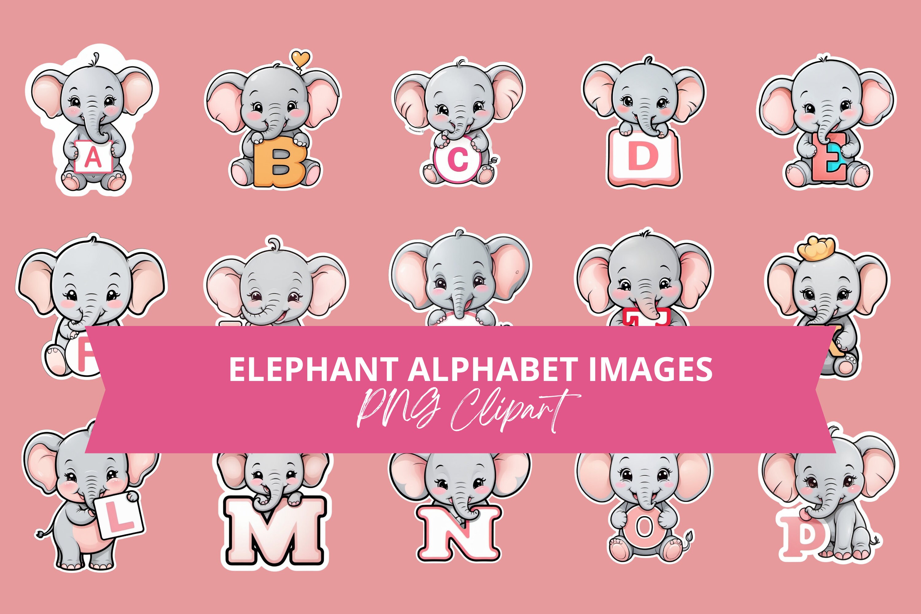 26 Elephant Alphabet Clipart, Adorable ABC PNG Images, Cute Educational ...