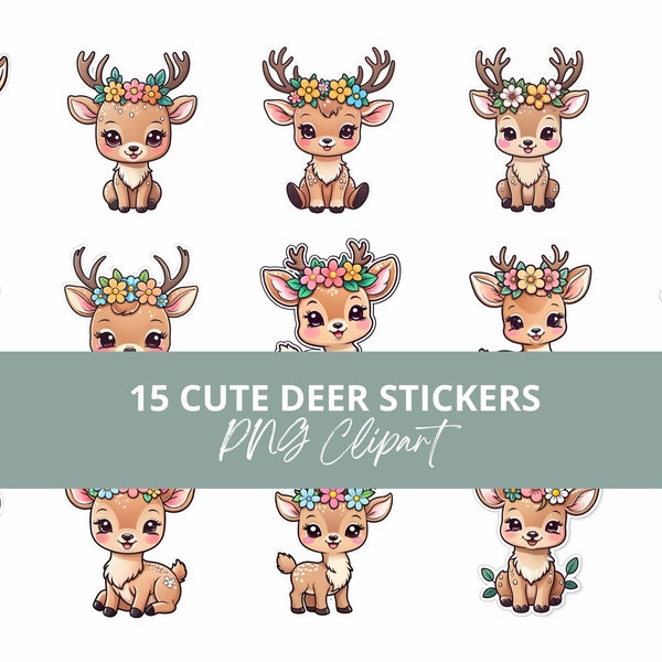 15 Enchanted Forest Deer Stickers, Whimsical Fawn Clipart, Woodland Animal Decals, Printable PNG, Scrapbooking, Bullet Journal Decor