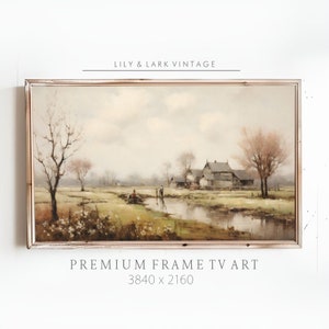 Puede incluir: Una pintura vintage enmarcada que representa un paisaje rural con una granja, árboles y un río. La pintura está en un marco de madera clara y tiene una paleta de colores apagados. El texto "PREMIUM FRAME TV ART 3840 x 2160" está impreso debajo del marco.