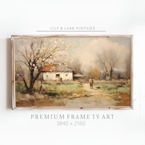 Puede incluir: Una pintura vintage en un marco blanco representa una escena rural con una casa de campo blanca, un árbol en flor y dos figuras caminando por un sendero. La pintura tiene una paleta de colores suaves y apagados y una sensación de ensueño y nostalgia. El texto "LILY & LARK VINTAGE" y "PREMIUM FRAME TV ART 3840 x 2160" es visible debajo de la pintura.