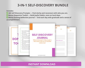 Self Discovery Journal Bundle | 365 Daily Prompts + Dopamine Toolkit + Reflection Pages | Mental Health PDF | Instant Download
