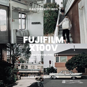 Könnte beinhalten: Ein digitales Foto-Preset für Fujifilm X100V Kameras, das für Instagram einen Vintage-Look erzeugt. Das Preset heißt "DailyPresetFinds" und ist ein Lightroom-Preset.