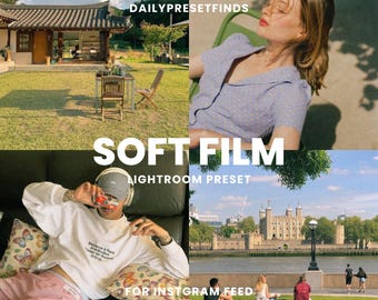 Peut inclure: Un collage d'images présentant un préréglage Lightroom appelé "Soft Film" pour le fil d'actualité Instagram. Le préréglage crée un aspect doux, chaud et vintage. Les images comprennent une maison coréenne traditionnelle, une femme se relaxant dans un parc, un homme prenant une photo et une vue de la Tour de Londres.